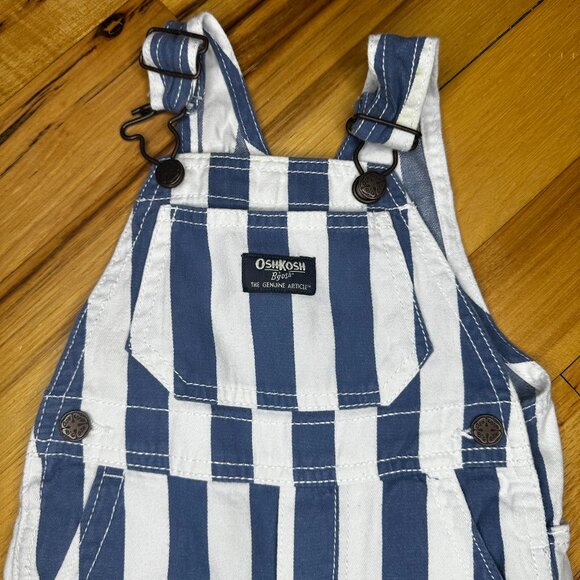 OshKosh B’Gosh Denim Overalls 12 Mos.  Shorts Blue White Stripes - Picture 2 of 6